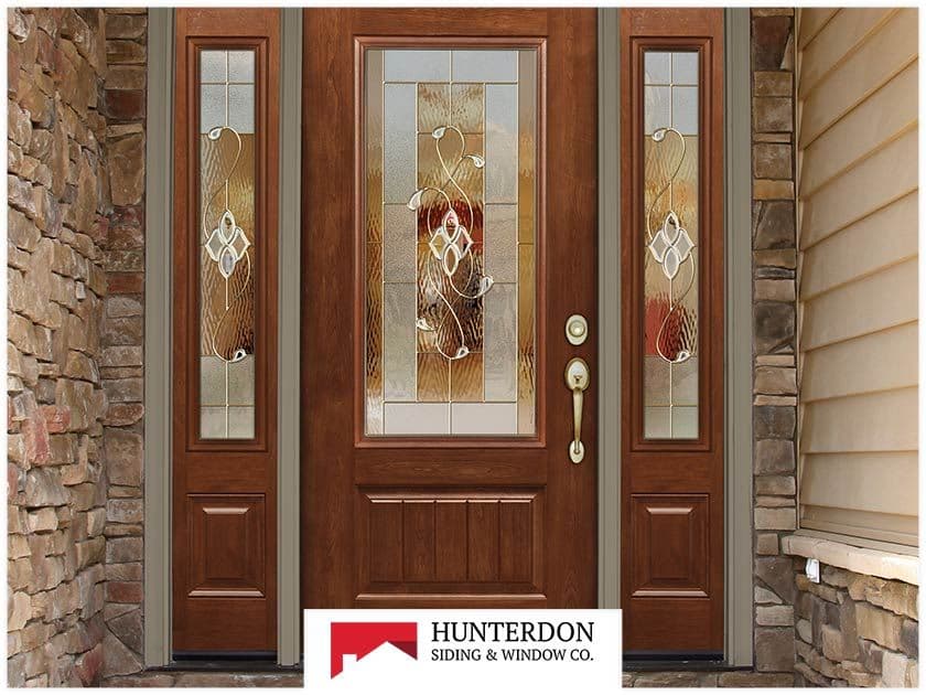 front-entry-door-with-sidelights-wood-finish-stained-glass-siding-installation